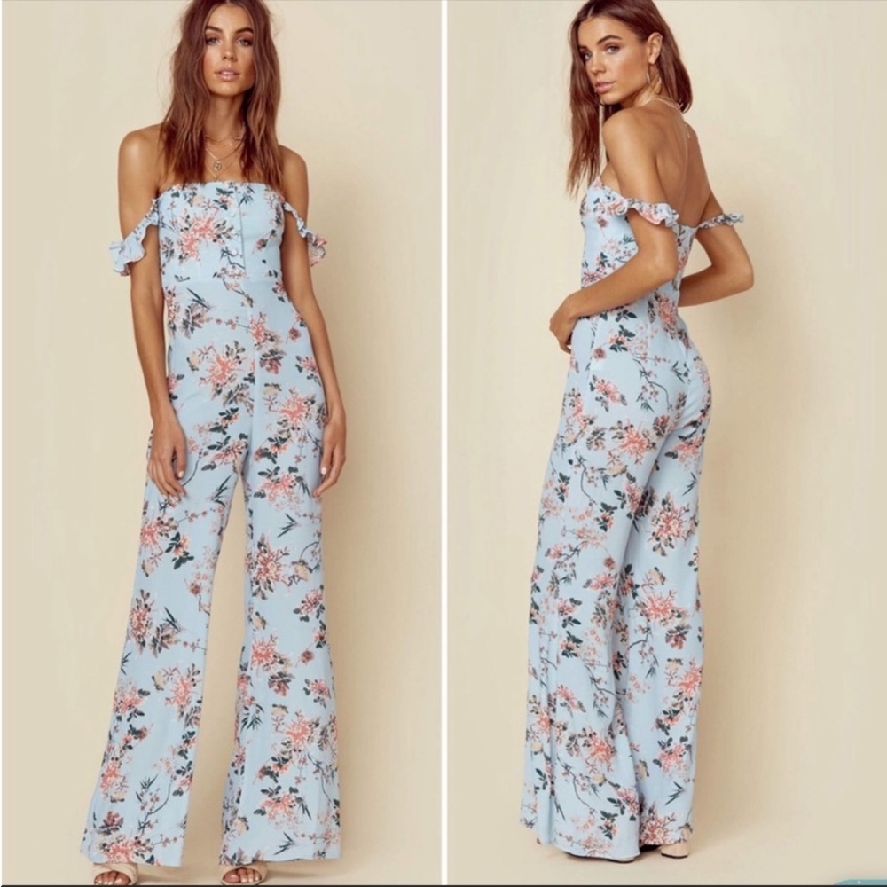 Flynn Skye | Floral Off-Shoulder Jumpsuit in Light Blue Floral